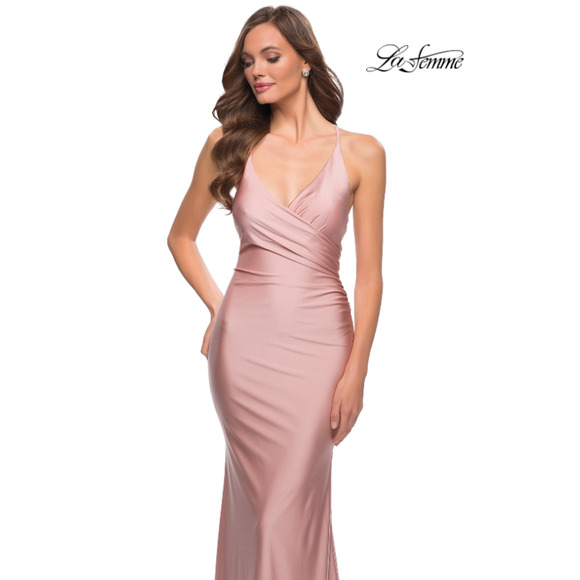 LA FEMME 29848 Jersey Long Gown 2 Pink Mauve Faux Wrap V Neck Prom Dress NWT - Picture 2 of 16